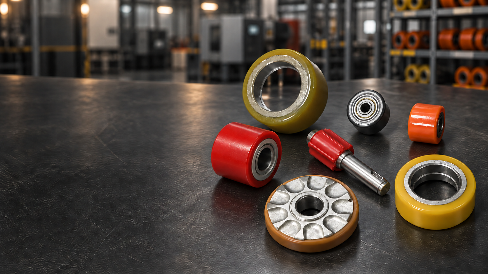 Custom pallet jack wheel components and non-standard parts
